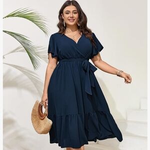 Elegant Navy Midi Dress with Waist Tie